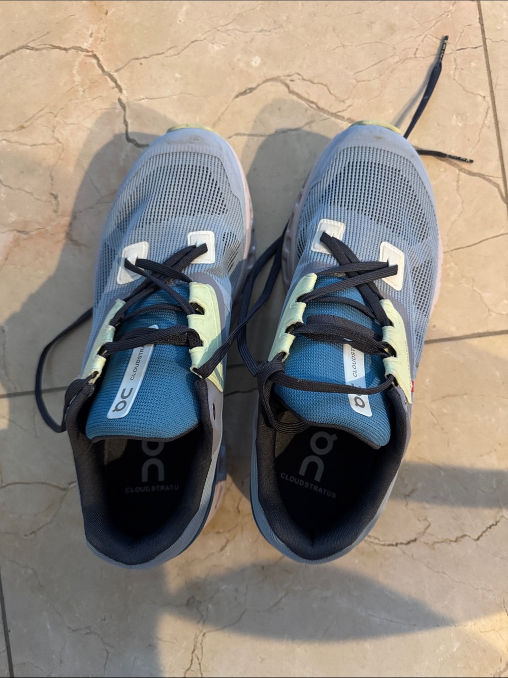 On Running Cloudstratus Blue and Light Green Athletic Running Shoes